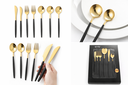 Set Cubiertos 16 Piezas de Acero inoxidable Dorado Negro
